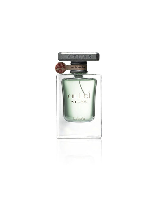 Lattafa Atlas perfume bottle in luxurious black and gold design with elegant detailing on white background