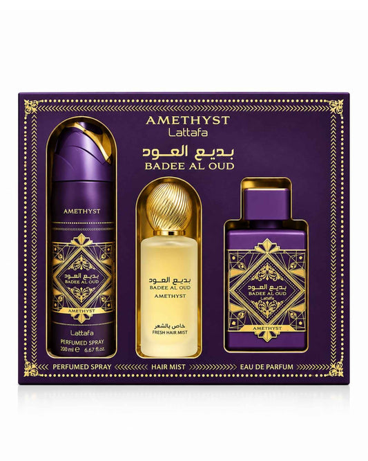 Lattafa Bade'e Al Oud Amethyst 3-piece luxury fragrance gift set box containing a 200ml perfumed body spray, a fresh hair mist, and an Eau de Parfum bottle in deep purple and gold packaging.