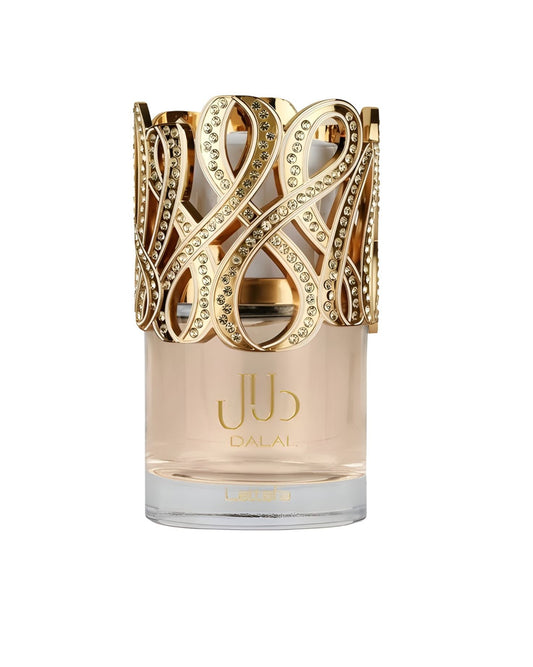Luxury fragrance bottle Dalal Edp by Lattafa, showcasing a sophisticated gold design against a clean white background.