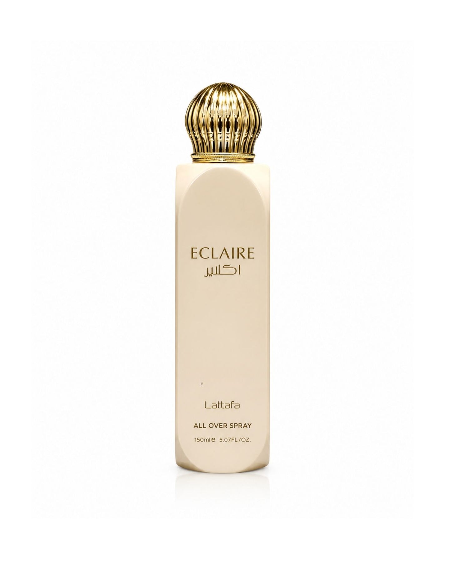 Lattafa Eclaire All Over Spray 150ml bottle in beige with an ornate gold cap on a white background.