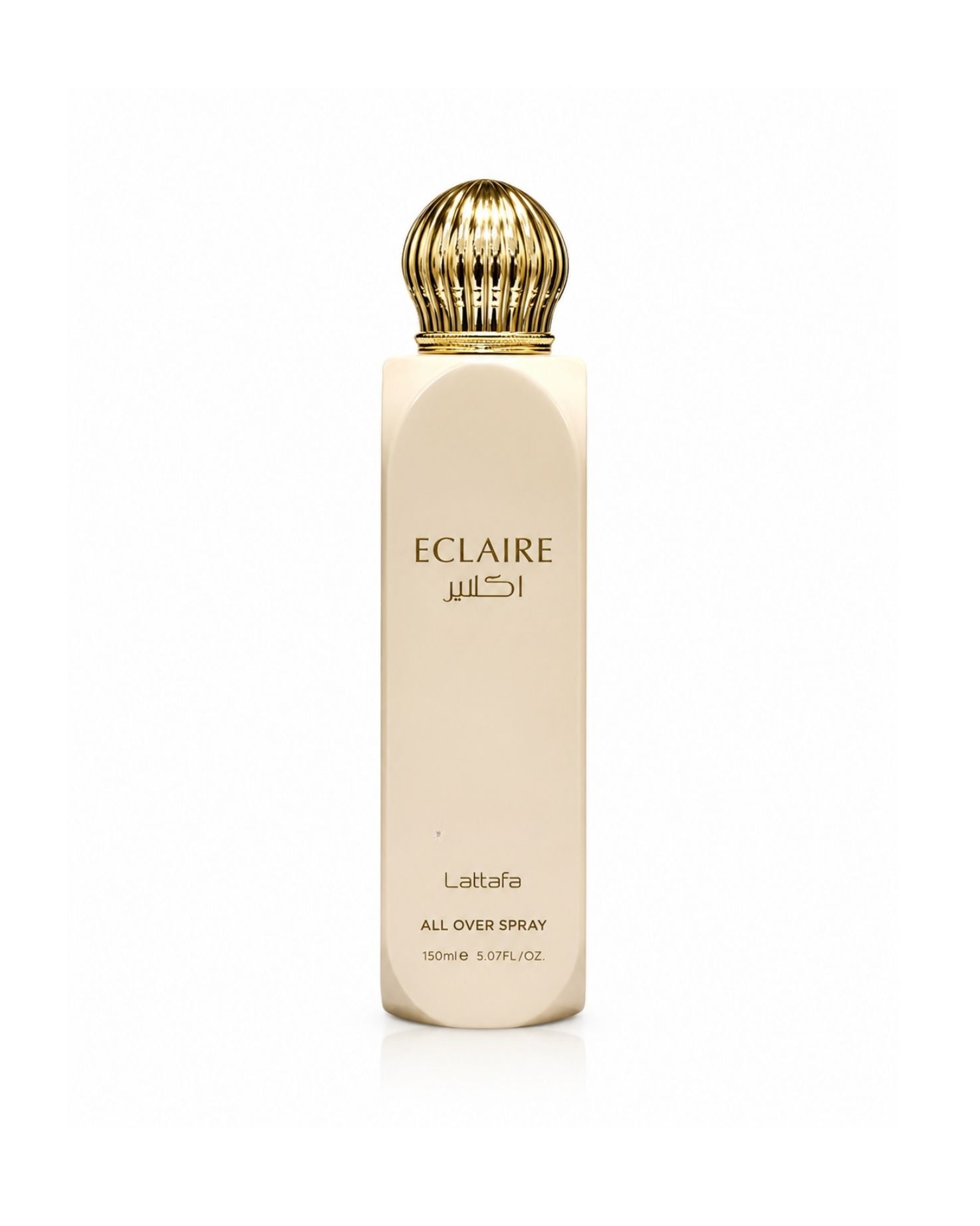 Lattafa Eclaire All Over Spray 150ml bottle in beige with an ornate gold cap on a white background.