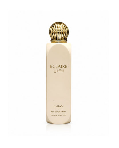 Lattafa Eclaire All Over Spray 150ml bottle in beige with an ornate gold cap on a white background.