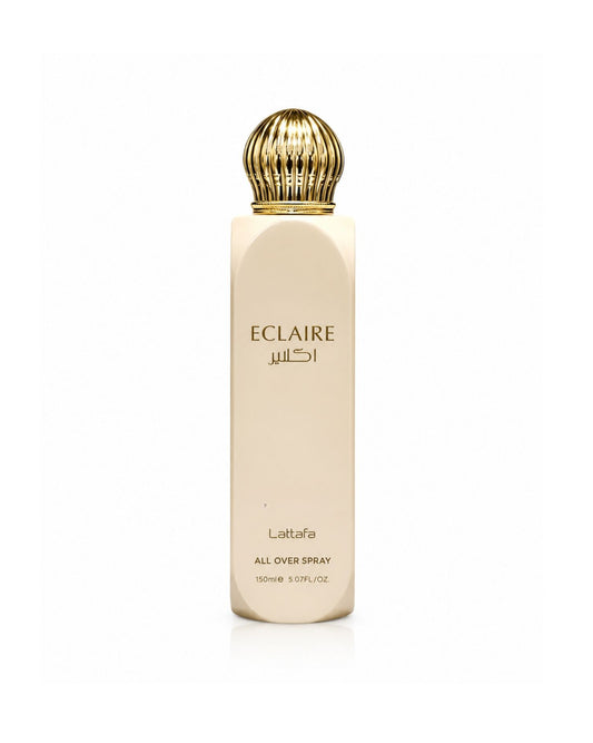 Lattafa Eclaire All Over Spray 150ml bottle in beige with an ornate gold cap on a white background.