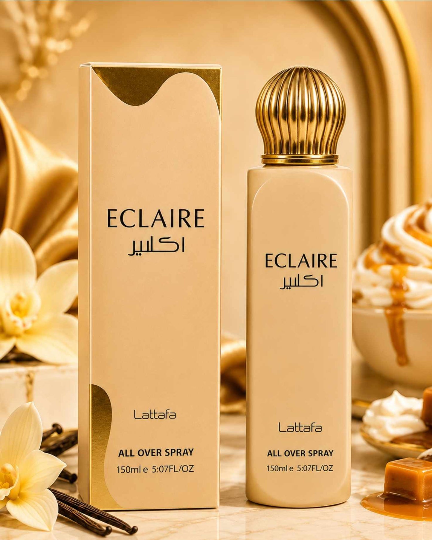 Lattafa Eclaire All Over Spray bottle and box displayed with visual scent notes of caramel, whipped cream, and vanilla flowers.