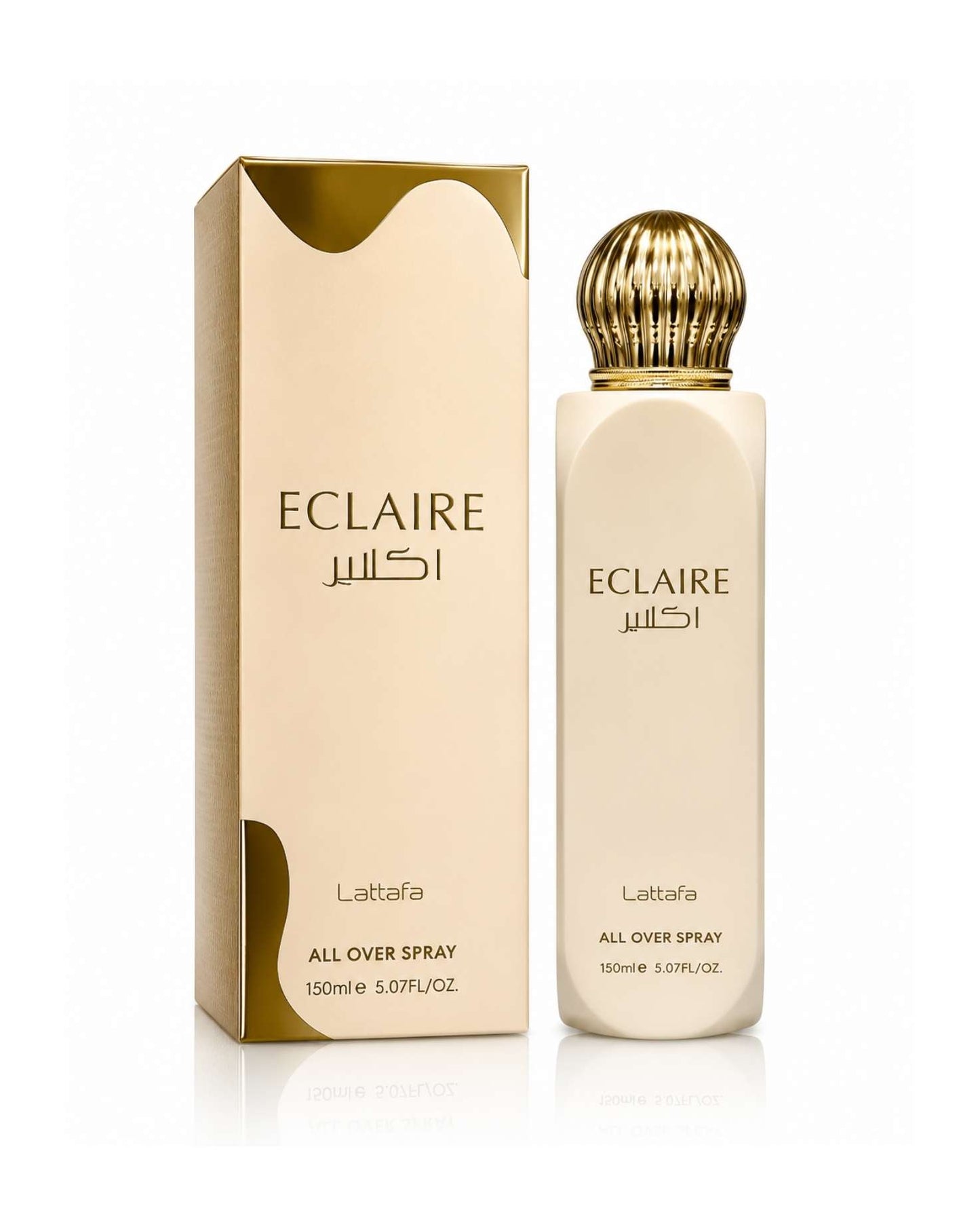 Lattafa Eclaire All Over Spray 150ml bottle standing next to its matching beige and gold packaging box.
