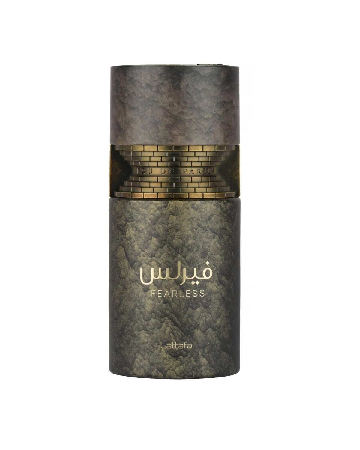 Lattafa Fearless Eau de Parfum cylindrical bottle featuring a textured stone finish and a golden brick-patterned center band against a white background.