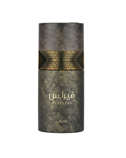 Lattafa Fearless Eau de Parfum cylindrical bottle featuring a textured stone finish and a golden brick-patterned center band against a white background.