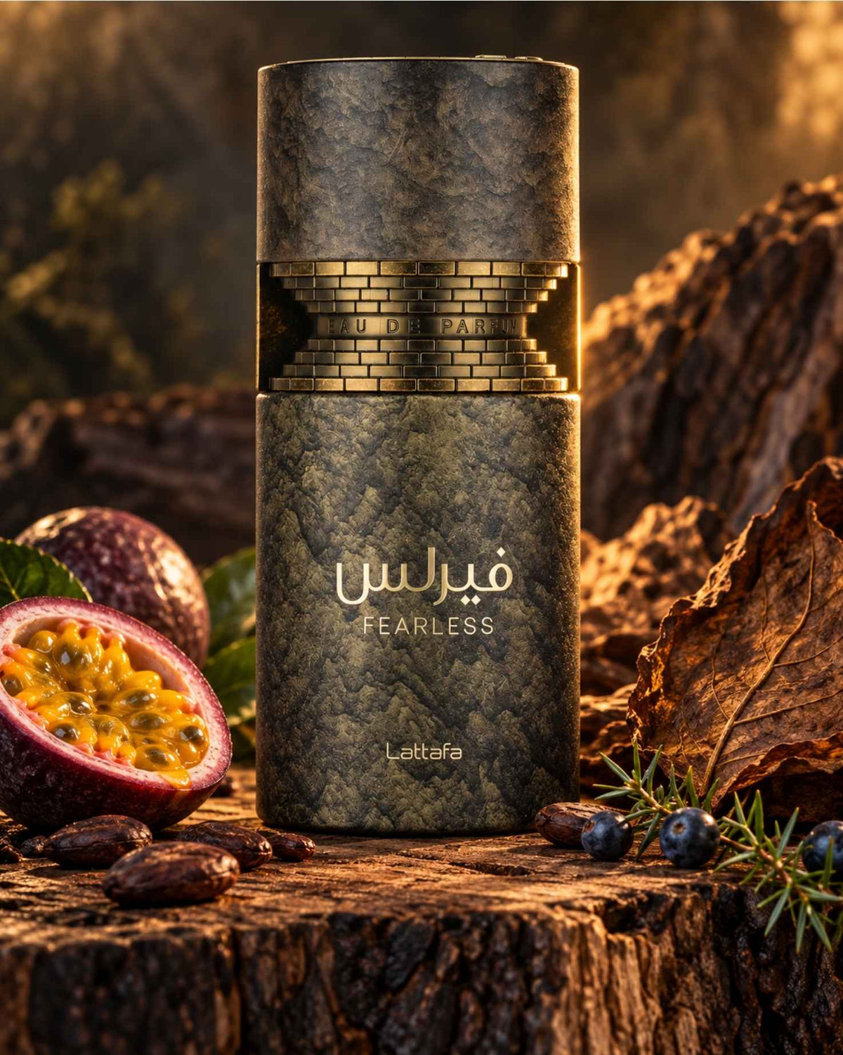 Lattafa Fearless Eau de Parfum textured bottle styled on a wooden surface with a sliced passion fruit, cocoa beans, juniper berries, and dried tobacco leaves.