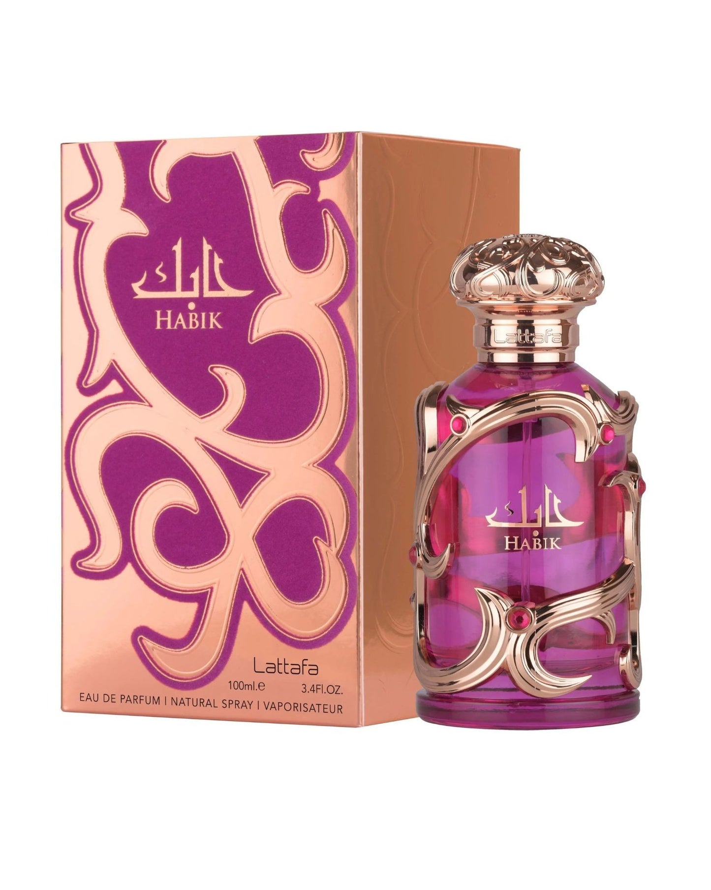 Lattafa Habik perfume bottle with matching purple and gold box featuring ornate design and elegant detailing on white background