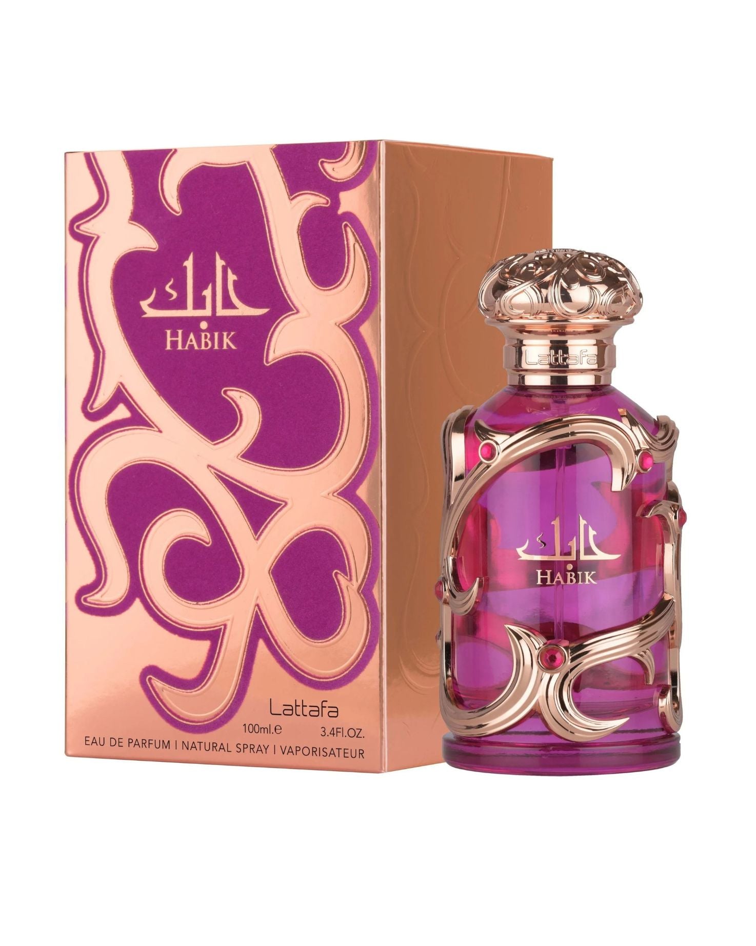 Lattafa Habik perfume bottle with matching purple and gold box featuring ornate design and elegant detailing on white background