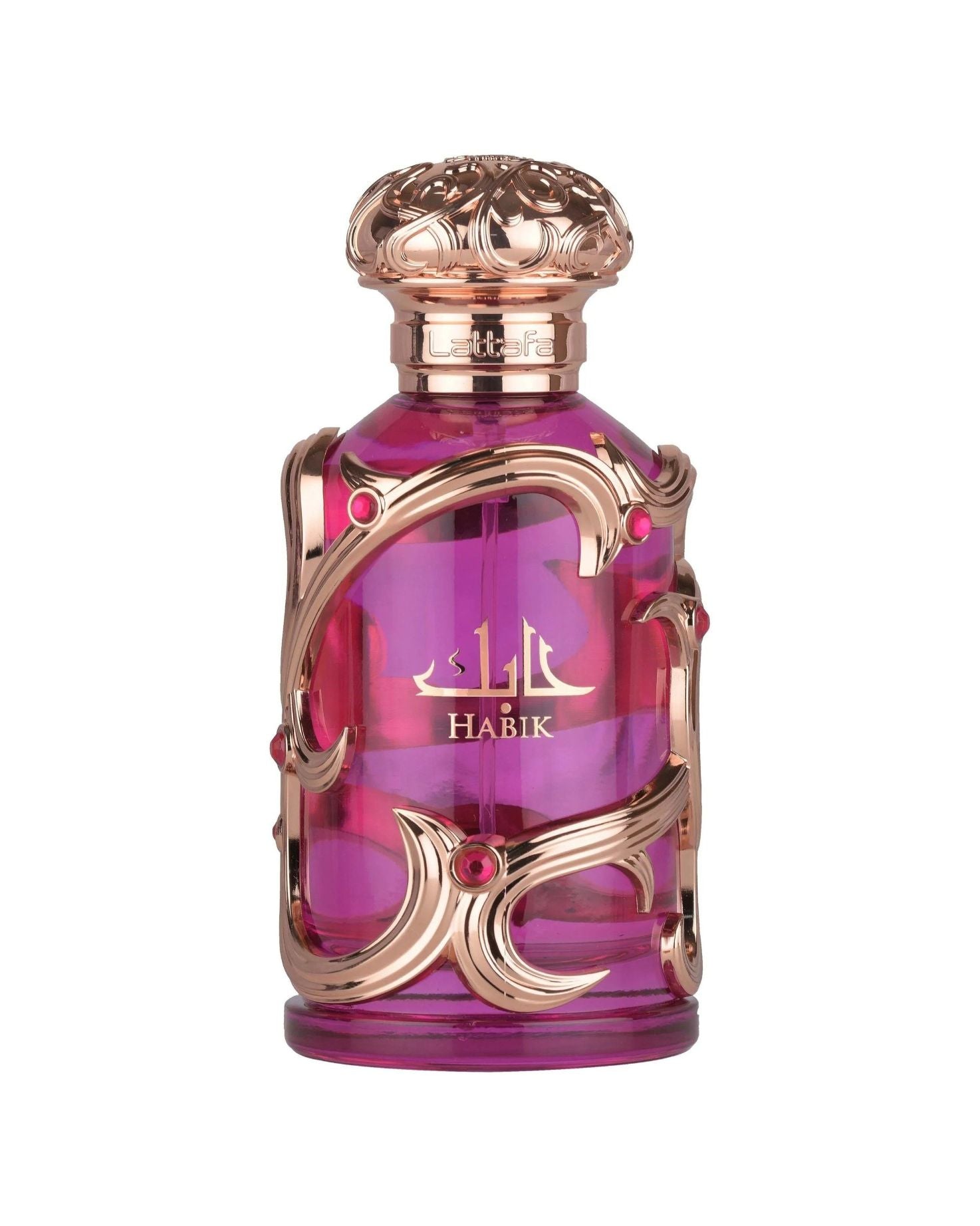Lattafa Habik perfume bottle in elegant purple glass with intricate gold design and red gemstone accents on white background
