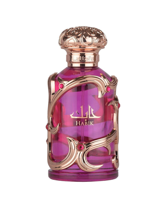 Lattafa Habik perfume bottle in elegant purple glass with intricate gold design and red gemstone accents on white background