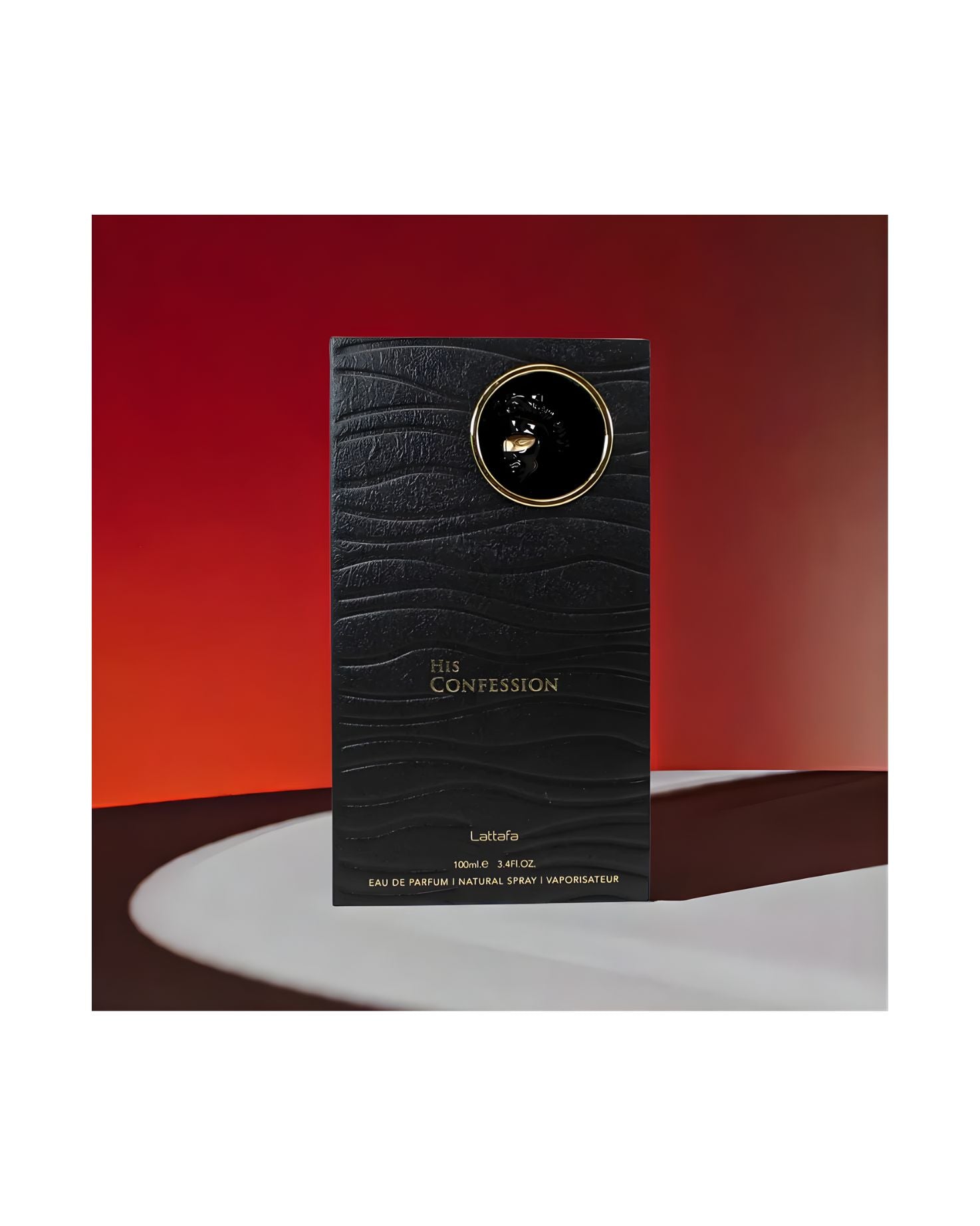 Lattafa His Confession Eau De Parfum black textured box, showing the gold and black cap detail, sitting on a white surface with a dramatic red and black background. 100ml