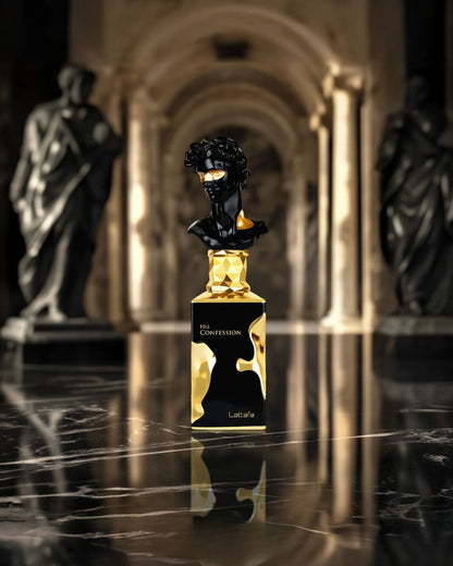 Lattafa His Confession perfume bottle, black and gold, standing dramatically on a reflective black marble surface in a grand, marble-arched hall with classical statues in the background, emphasizing luxury.