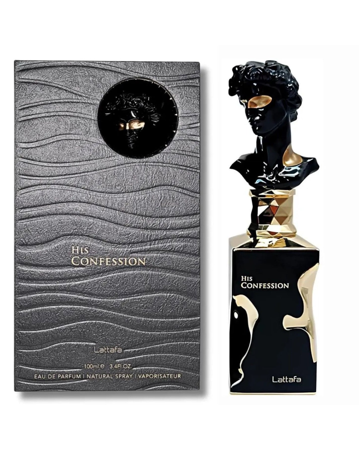 Lattafa His Confession Eau De Parfum 100ml perfume set, showing the black wavy textured box next to the unique black and metallic gold bottle with a cap shaped like a black classical male bust sculpture.