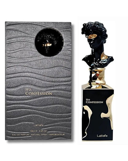 Lattafa His Confession Eau De Parfum 100ml perfume set, showing the black wavy textured box next to the unique black and metallic gold bottle with a cap shaped like a black classical male bust sculpture.