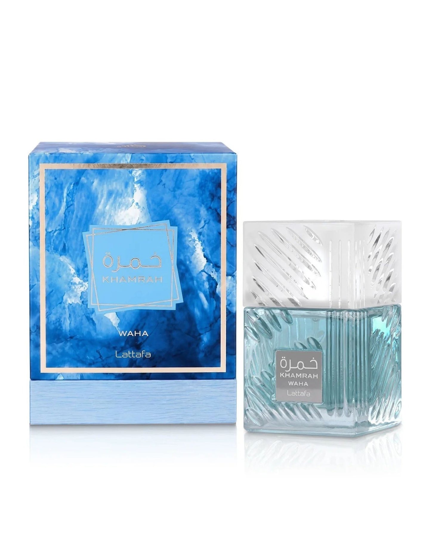 Lattafa Khamrah Waha perfume bottle standing next to its blue marble-patterned presentation box on a white background.