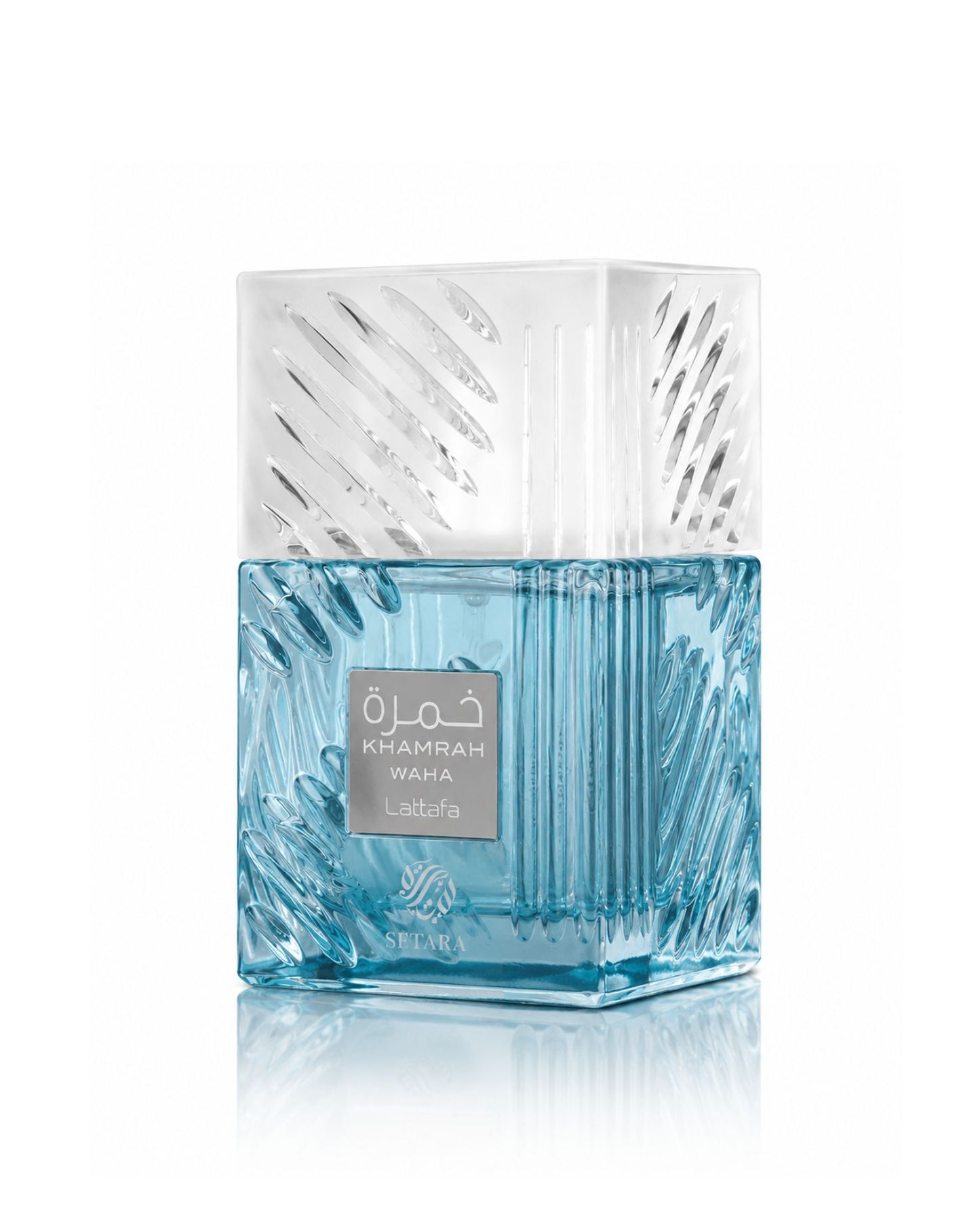 Lattafa Khamrah Waha Eau de Parfum bottle with clear textured cap and light blue liquid on a white background.