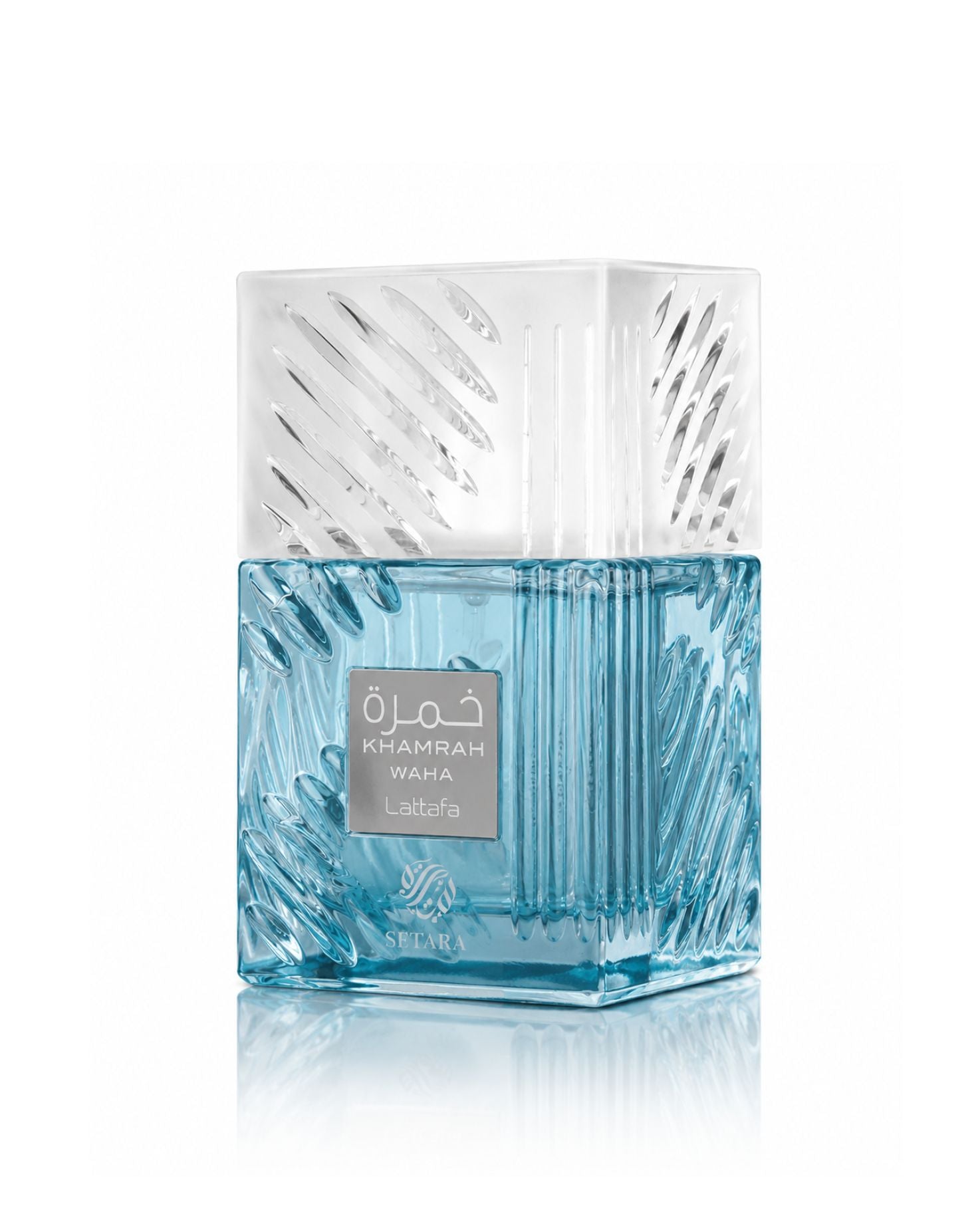 Lattafa Khamrah Waha Eau de Parfum bottle with clear textured cap and light blue liquid on a white background.
