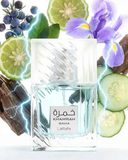 Lattafa Khamrah Waha perfume bottle surrounded by fragrance notes of bergamot, iris, cucumber, juniper berries, and driftwood.