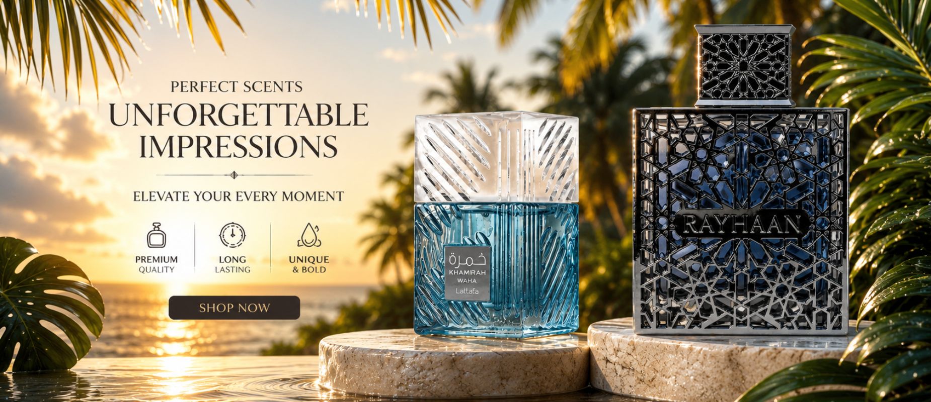 Two luxury perfume bottles, Lattafa Khamrah Waha in blue and a Rayhaan aquatic fragrance with silver lattice design, displayed on stone pedestals at sunset against a tropical beach backdrop with palm trees.