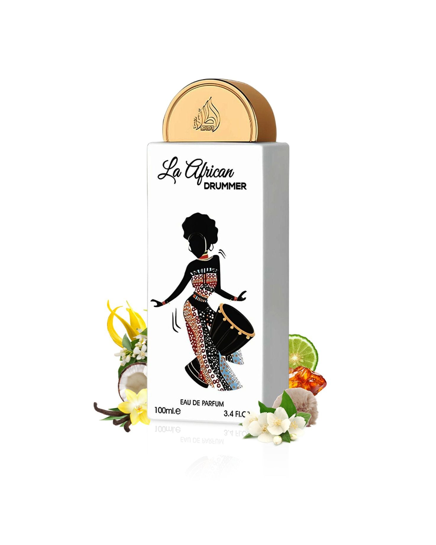 Visual scent profile of La African Drummer by Lattafa Pride, showing a 100ml bottle with coconut, floral, and citrus ingredient accents.