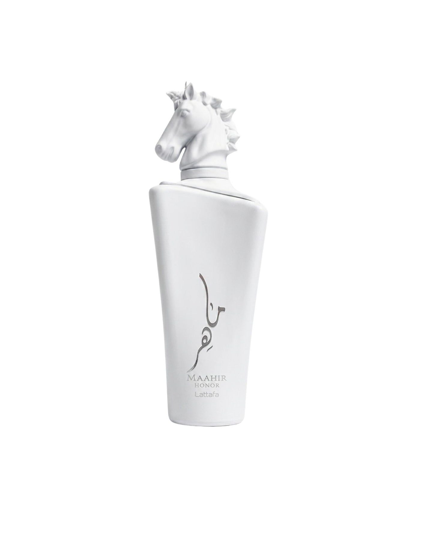 Lattafa Maahir Honor White EDP perfume bottle featuring a matte white finish and a decorative horse head cap.