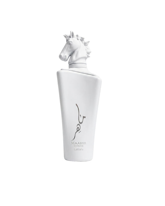 Lattafa Maahir Honor White EDP perfume bottle featuring a matte white finish and a decorative horse head cap.