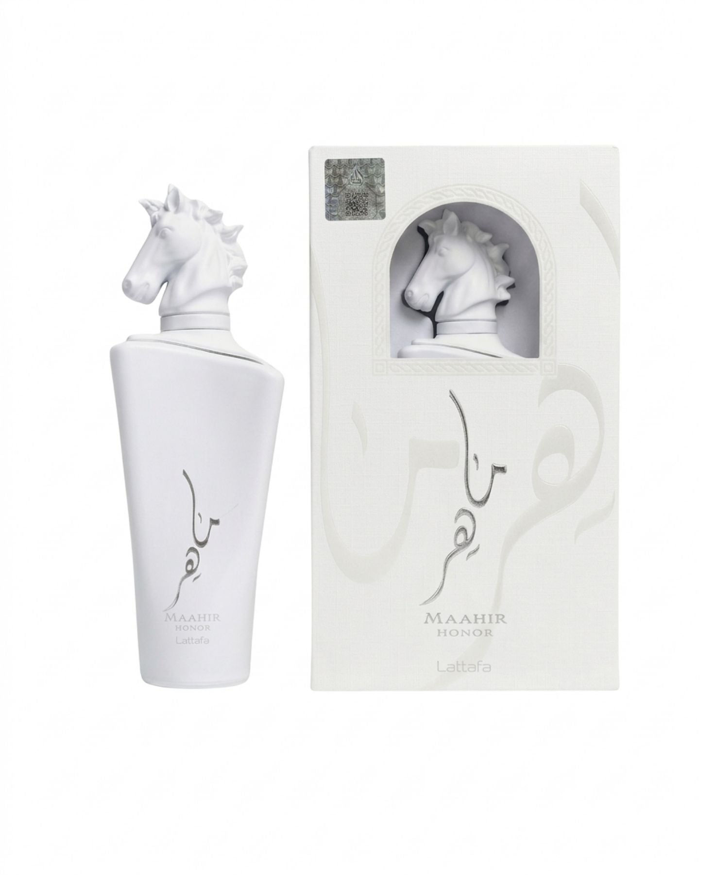 Lattafa Maahir Honor White EDP fragrance bottle and its matching white decorative retail packaging box.