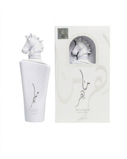 Lattafa Maahir Honor White EDP fragrance bottle and its matching white decorative retail packaging box.