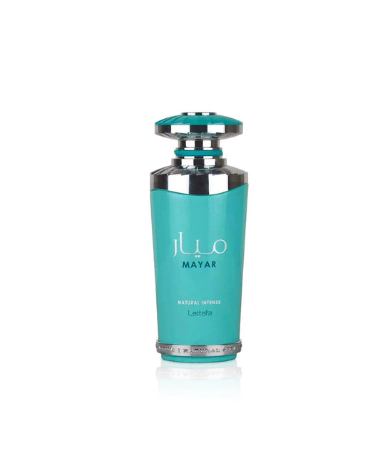 Lattafa Mayar Natural Intense perfume bottle in turquoise and silver design displayed against white background