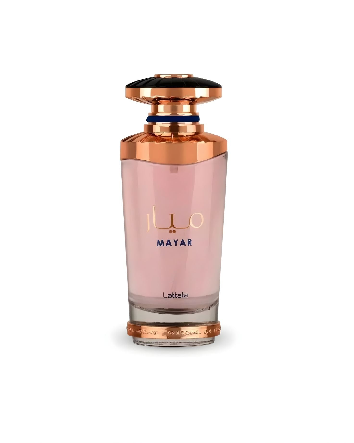 Lattafa Mayar perfume bottle in elegant rose gold and pink design with luxurious detailing on white background