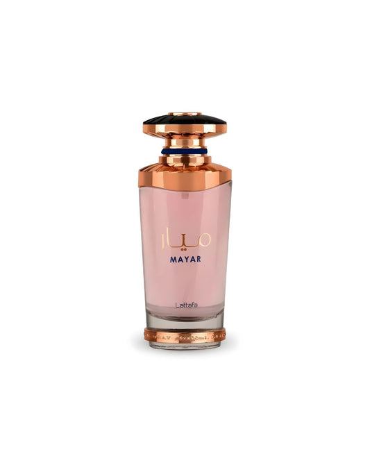Lattafa Mayar perfume bottle in elegant rose gold and pink design with luxurious detailing on white background