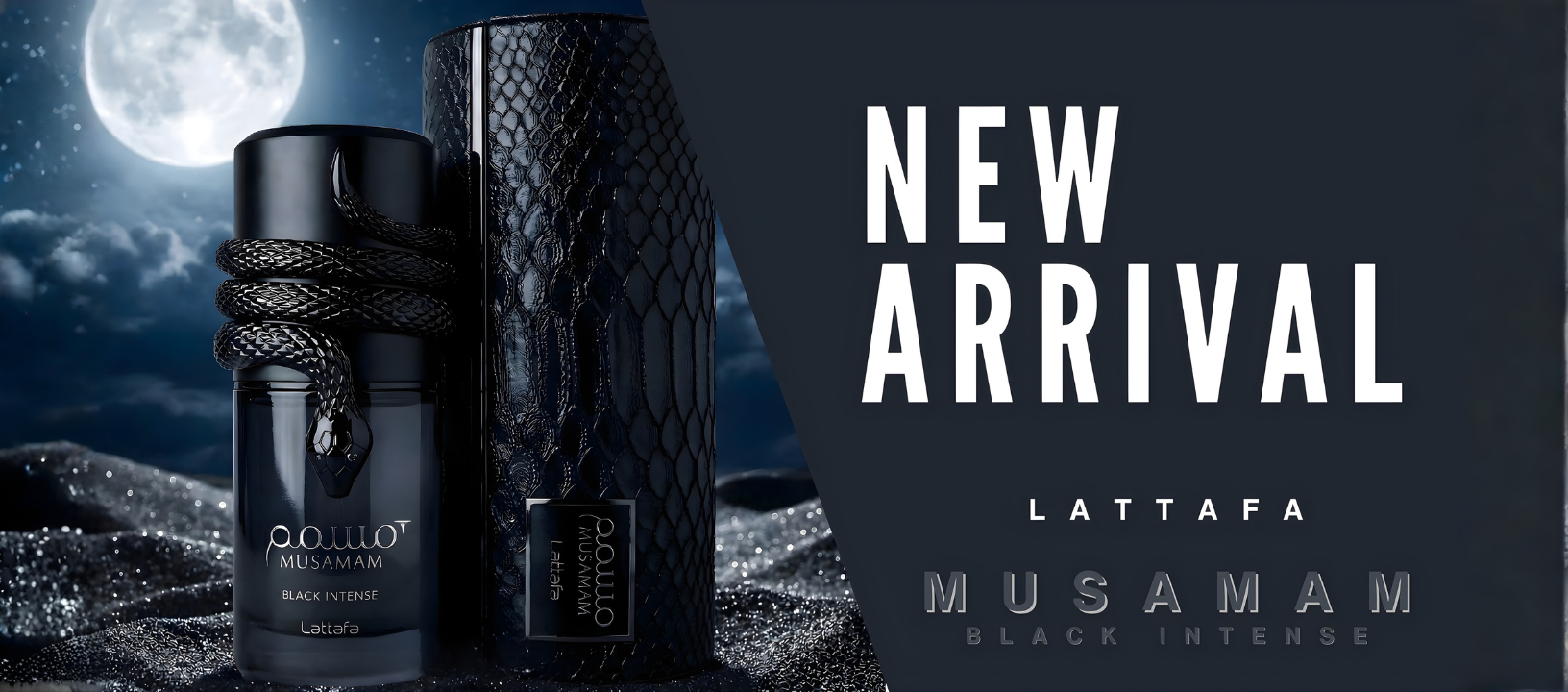 A promotional banner for Lattafa Musamam Black Intense 'NEW ARRIVAL' set against a dark, dramatic, moonlit background. The snake-wrapped bottle and snake-skin box are prominently featured.
