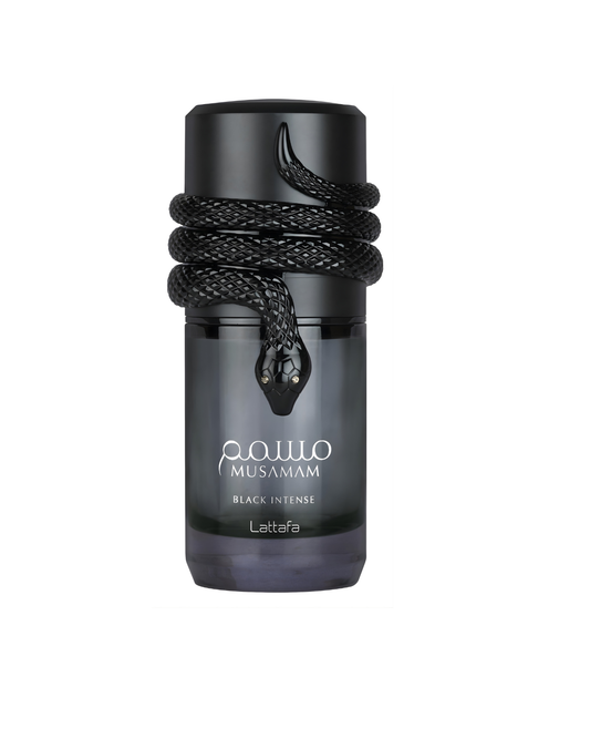 A bottle of Lattafa Musamam Black Intense Edp. The cylindrical black and dark grey bottle is wrapped by a decorative black snake sculpture with golden eyes.