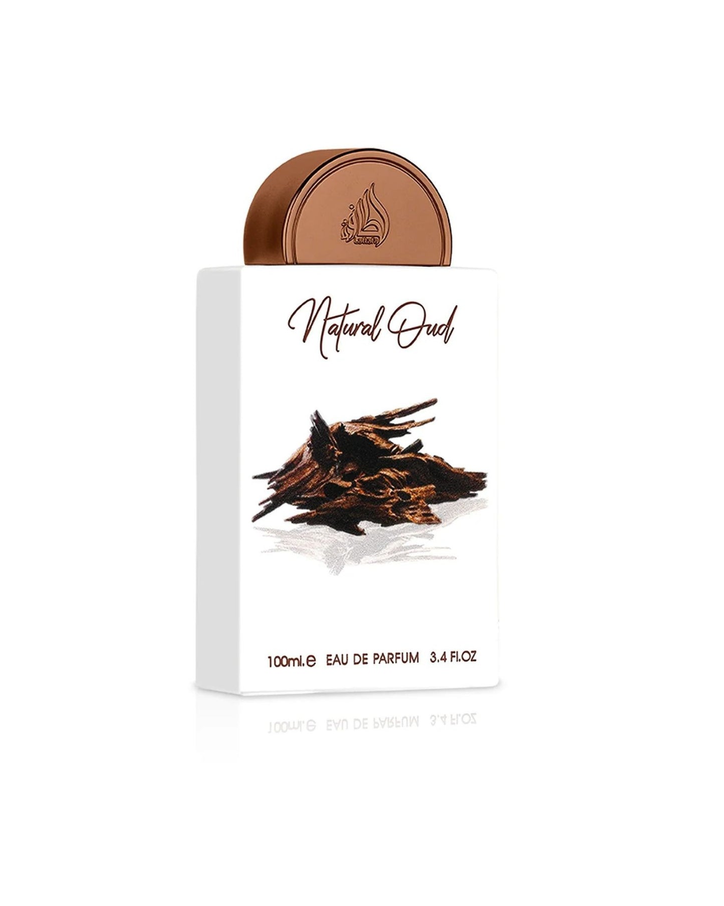 Lattafa Natural Oud Eau de Parfum 100ml bottle featuring a white rectangular design, bronze semi-circle cap, and an illustration of agarwood chips.