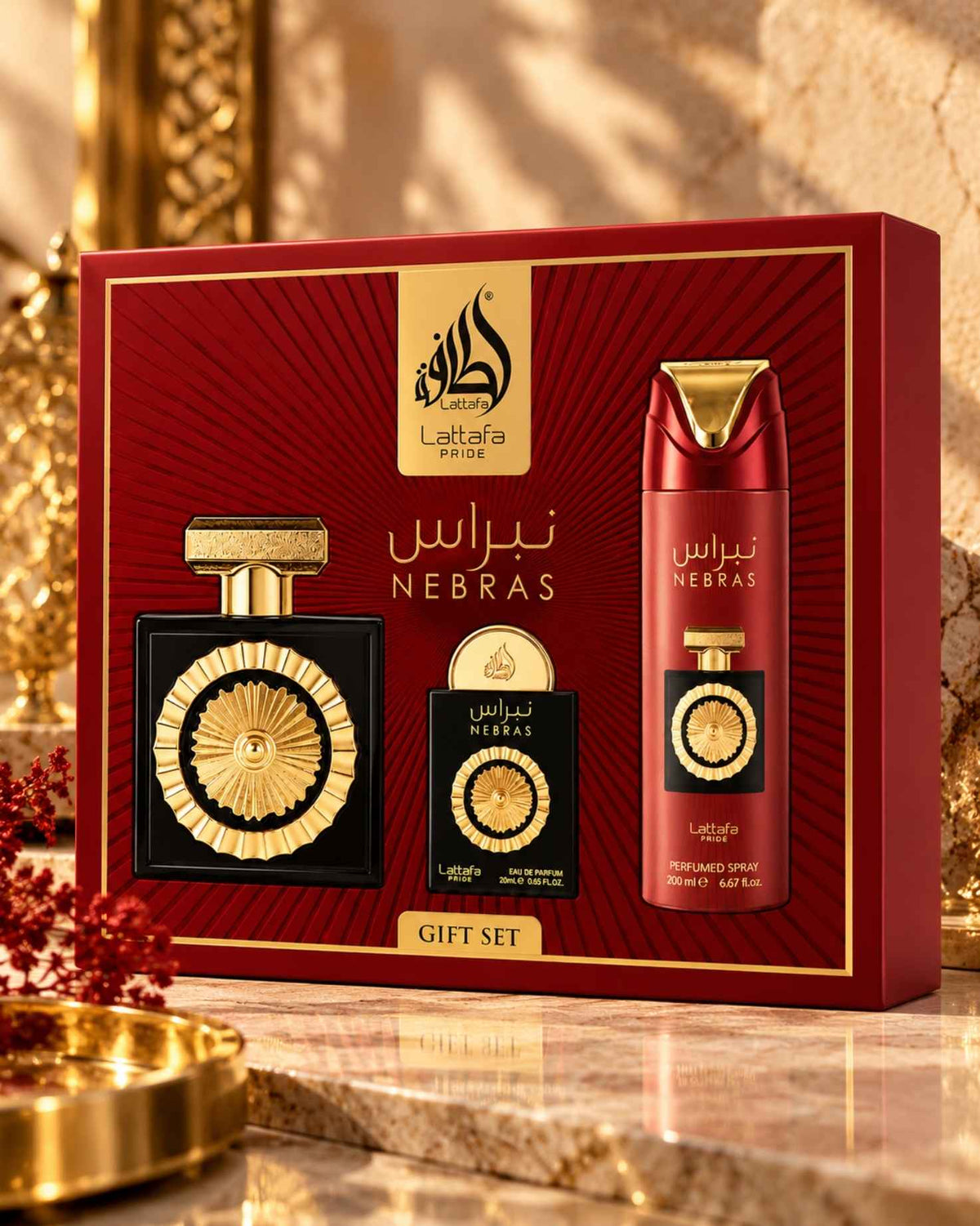 lattafa nebras gift box with luxury background.