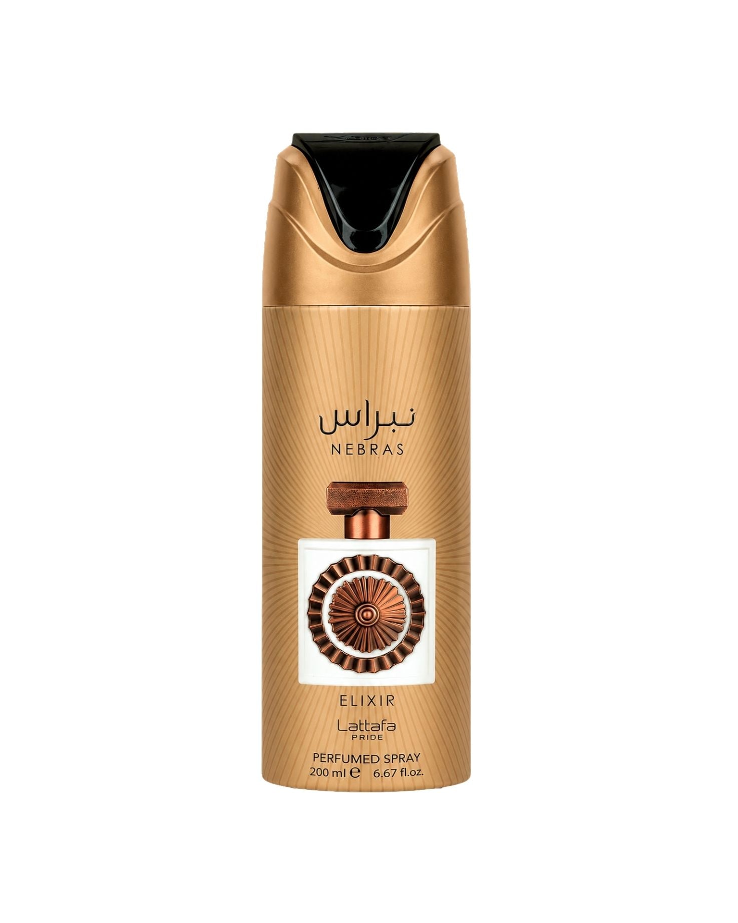 Lattafa Pride Nebras Elixir 200ml perfumed body spray with bronze and gold packaging.