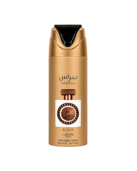 Lattafa Pride Nebras Elixir 200ml perfumed body spray with bronze and gold packaging.