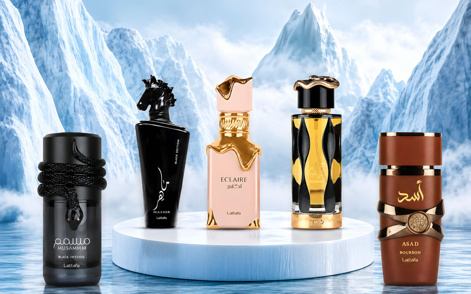 A collection of Lattafa perfumes including Musamam Black Intense, Maahir Black Edition, Eclaire, Teriaq, and Asad Bourbon, displayed on a pedestal against an icy mountain background.