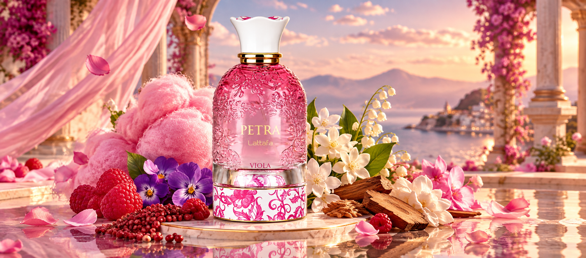 Lattafa Petra Viola Eau de Parfum bottle displayed in a wide landscape banner surrounded by pink cotton candy, raspberries, violet flowers, white blossoms, and coastal background scenery.