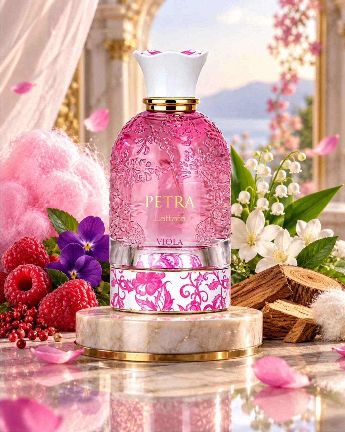 Lattafa Petra Viola Eau de Parfum bottle surrounded by raspberries, pink cotton candy, purple violets, white blossoms, and aromatic woods.