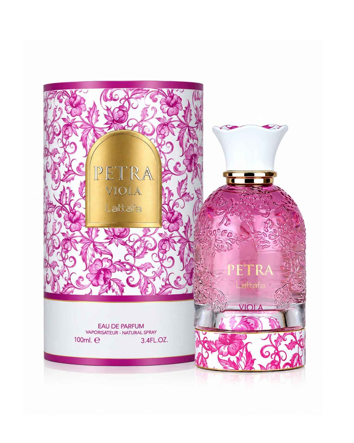 Lattafa Petra Viola Eau de Parfum ornate pink glass bottle displayed beside its matching floral-patterned cylindrical packaging box.