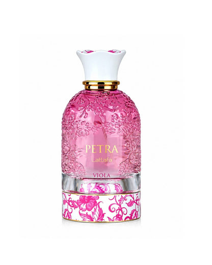 Lattafa Petra Viola Eau de Parfum ornate pink glass bottle with floral engravings and a patterned white and pink base.