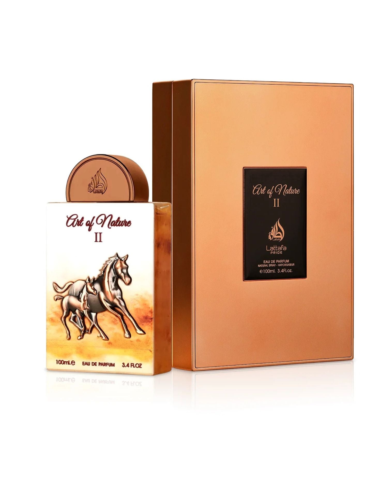 Lattafa Pride Art of Nature II Eau De Parfum 100ml bottle standing next to its luxury copper-toned presentation box.