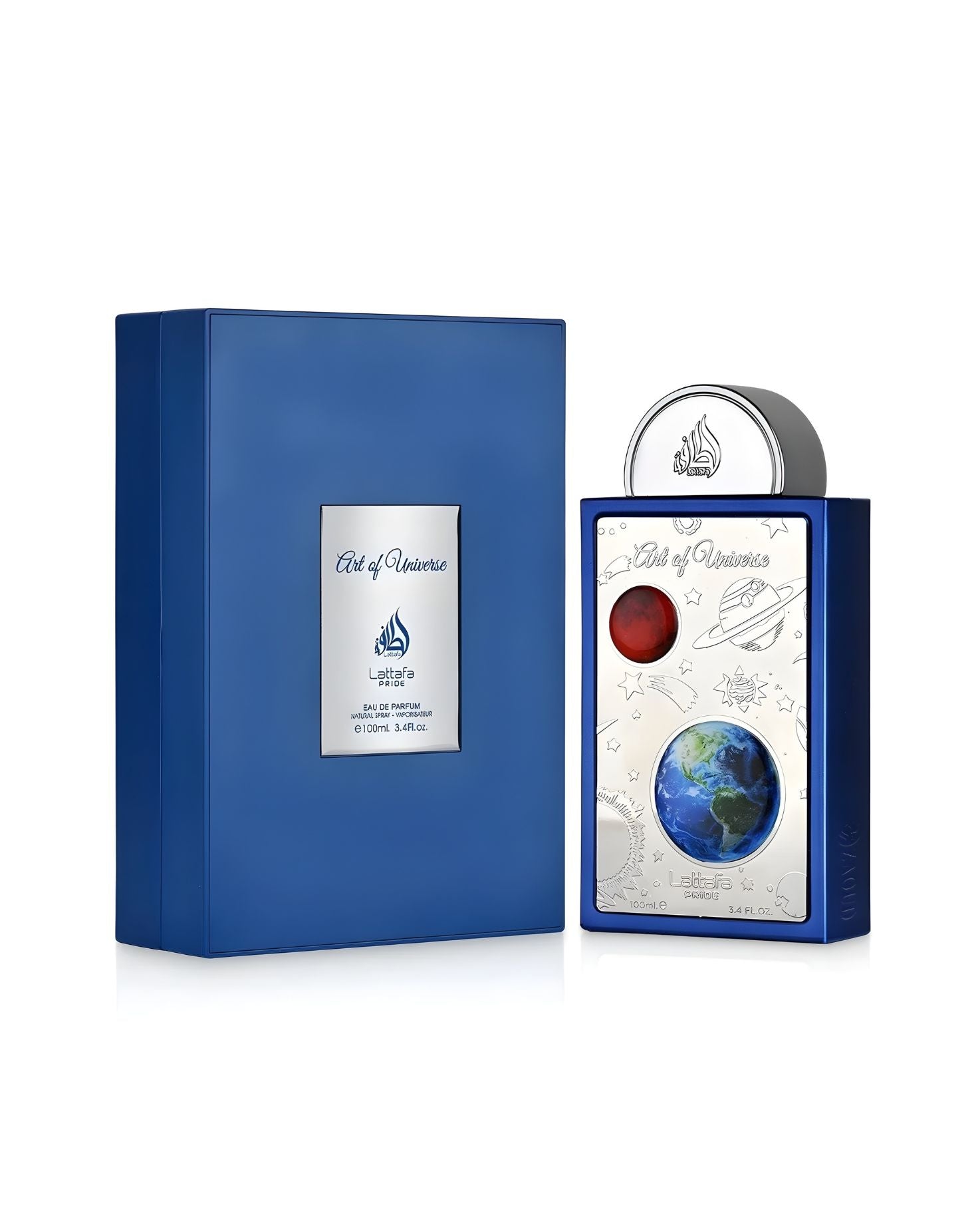 Lattafa Pride Art of Universe 100ml Eau De Parfum bottle and its blue presentation box, featuring silver plates with space-themed illustrations of Earth and celestial bodies.