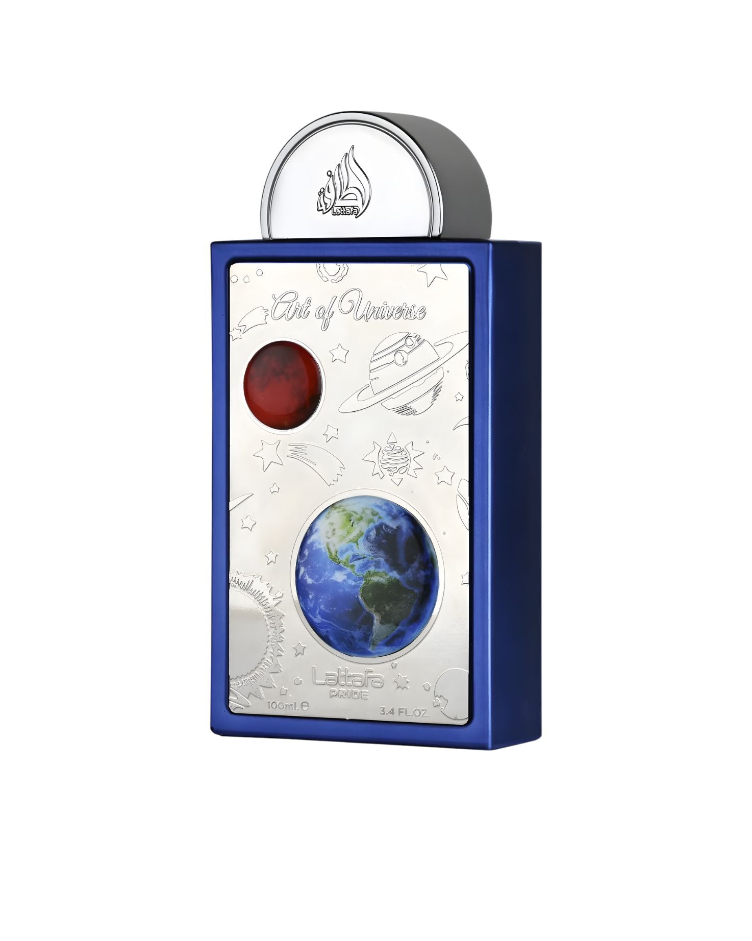 Lattafa Pride Art of Universe EDP perfume bottle in a blue frame featuring a silver faceplate with Earth and celestial space illustrations.