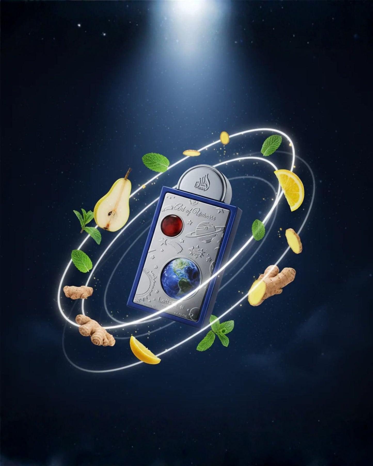 A creative marketing image of Lattafa Pride Art of Universe EDP perfume surrounded by floating fragrance notes of fresh pear, mint, ginger, and lemon in a space-themed background.