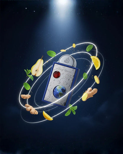 A creative marketing image of Lattafa Pride Art of Universe EDP perfume surrounded by floating fragrance notes of fresh pear, mint, ginger, and lemon in a space-themed background.