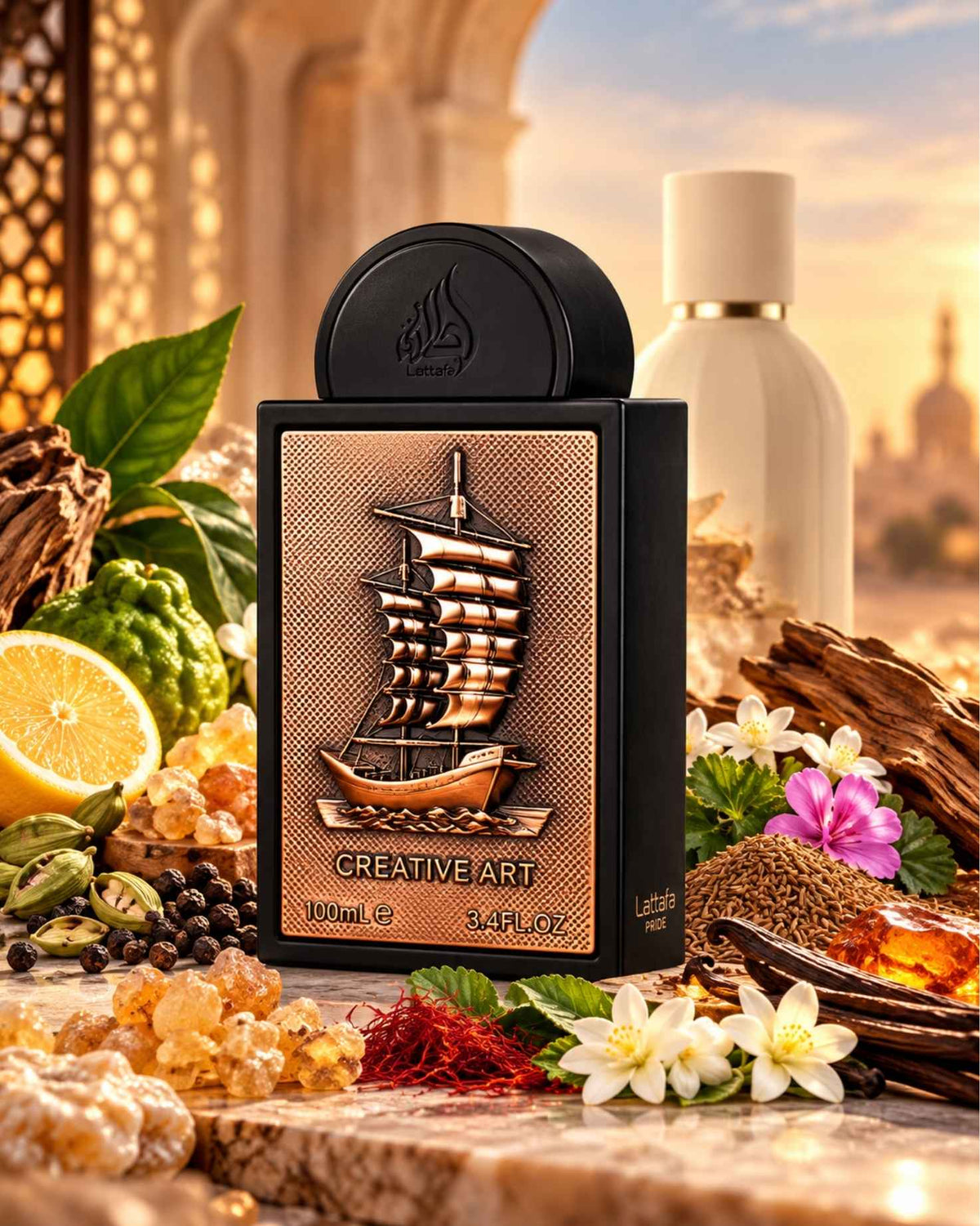 Lattafa Pride Creative Art Eau de Parfum black bottle displayed among bergamot, saffron strands, cardamom pods, black peppercorns, amber, vanilla, and fragrant woods.